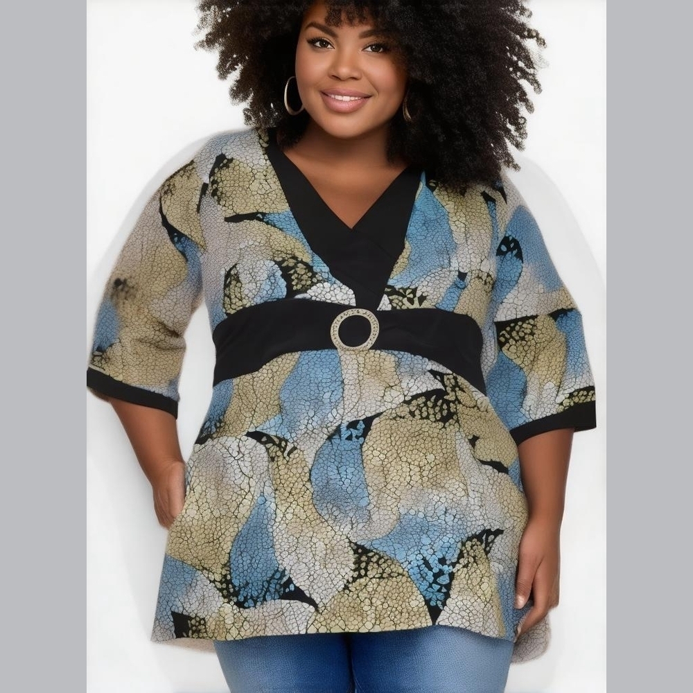STUDIO 1940 PLUS SIZE 22/24 MULTICOLOR ABSTRACT PRINT V-NECK BLOUSE TIES IN BACK